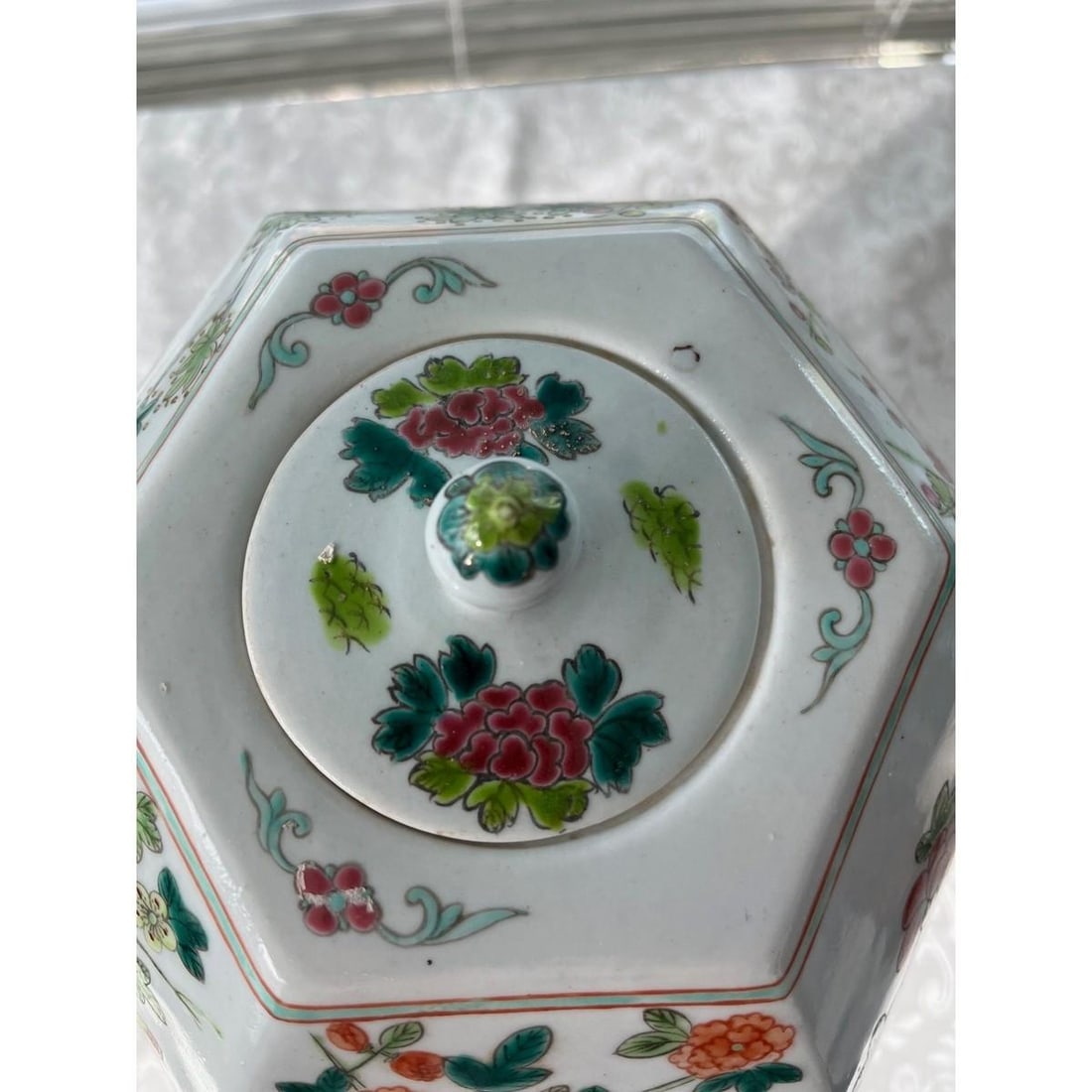 Vintage 14Â” Chinese Famille Rose Hexagonal Ginger Jar Peony Millefleurs - 3