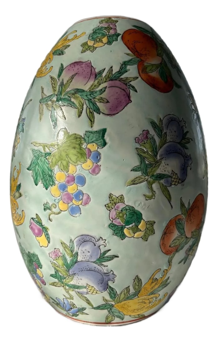 Vintage Chinese Famille Rose Porcelain Egg Vase - Hundred Fruits 11" Large: Enhance your home with this stunning vintage Chinese Famille Rose porcelain egg-shaped vase. This substantial piece stands 11 inches tall and weighs over 4 lbs, featuring a vibrant "Hundred Fruits"