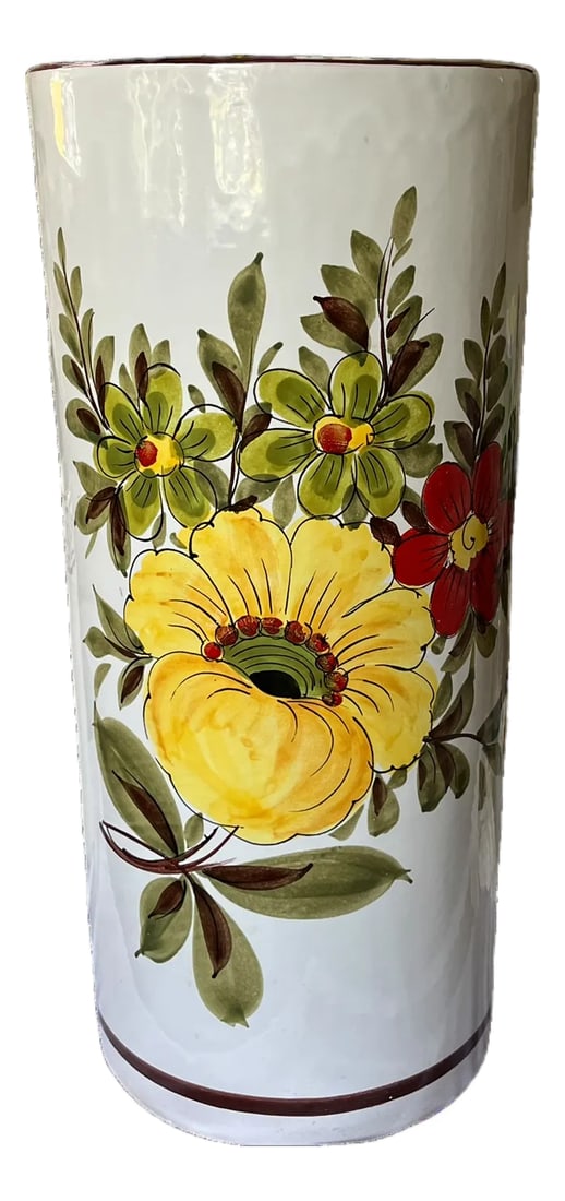 Vintage Italian Hand-Painted Ceramic, Umbrella Stand / Floor Vase in the Deruta / Faenza Tradition (: A tall, hand-painted ceramic umbrella stand from Italy, featuring vibrant mid-century floral decoration in warm yellow, olive green, and red tones. The painterly botanical motif, outlined in soft