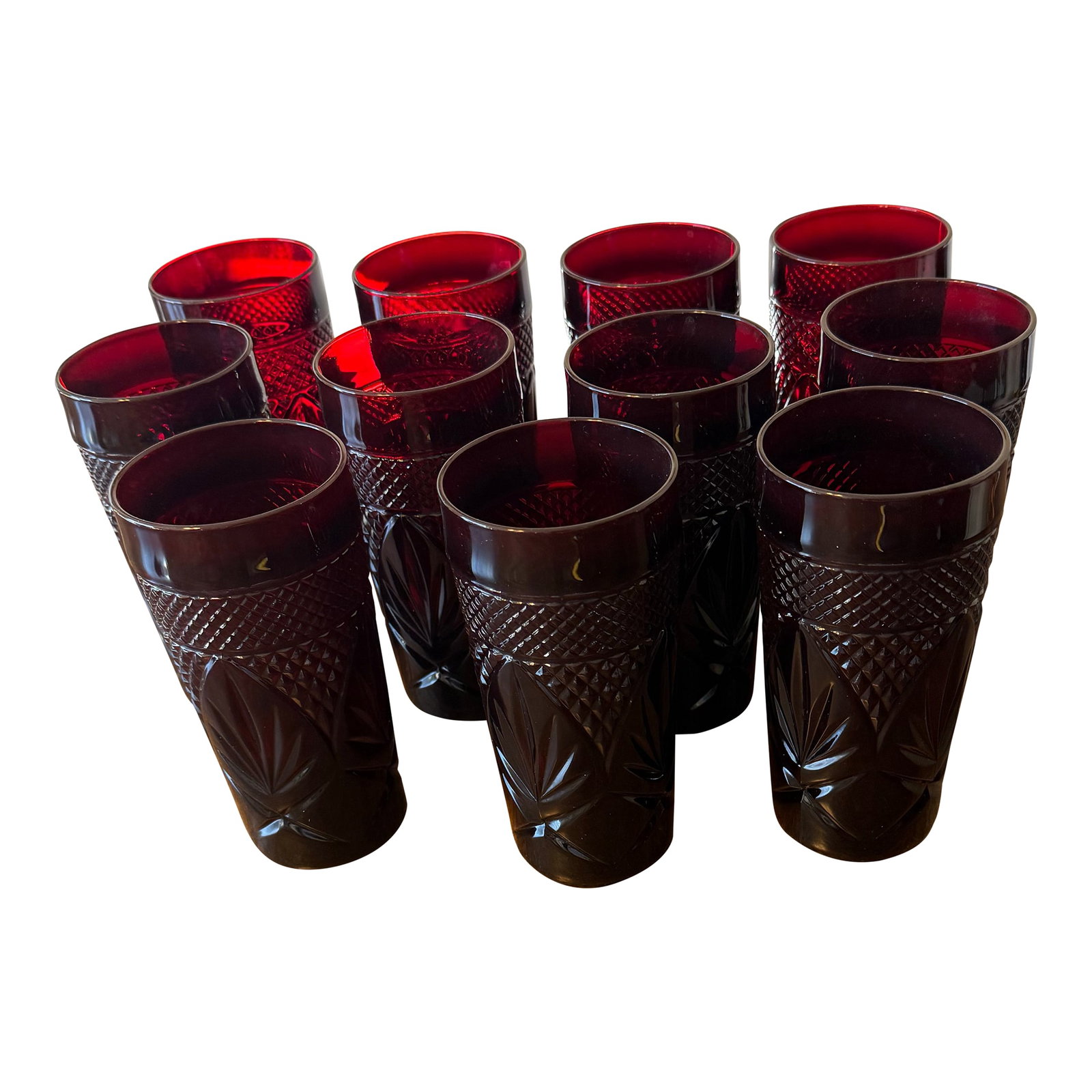 Cristal D'Arques Durand Ruby Red Tumblers - 11pcs: This set of eleven ruby red glasses by Cristal D' Arques will add a touch of elegance and pop of color to any table setting. The deep vibrant ruby red hue is particularly striking when light passes