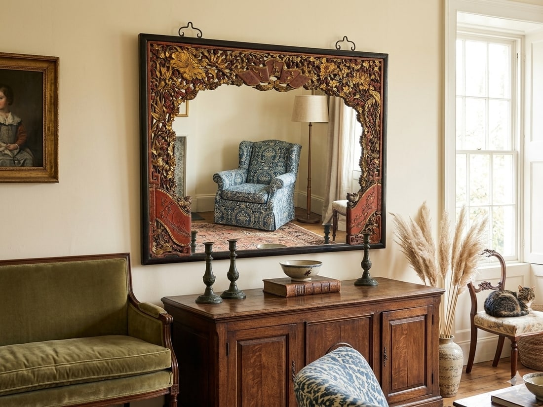85" X 71" Chinese Red Golden Relief Carving Wood Frame Wall Mirror - 10