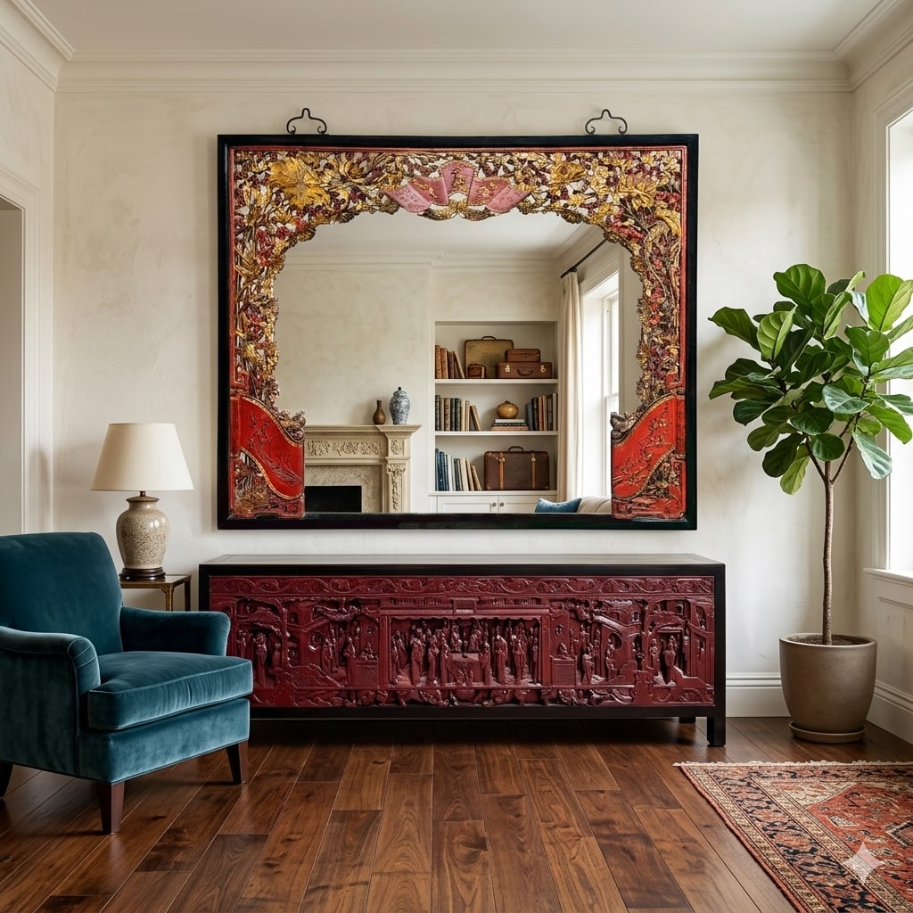85" X 71" Chinese Red Golden Relief Carving Wood Frame Wall Mirror - 12