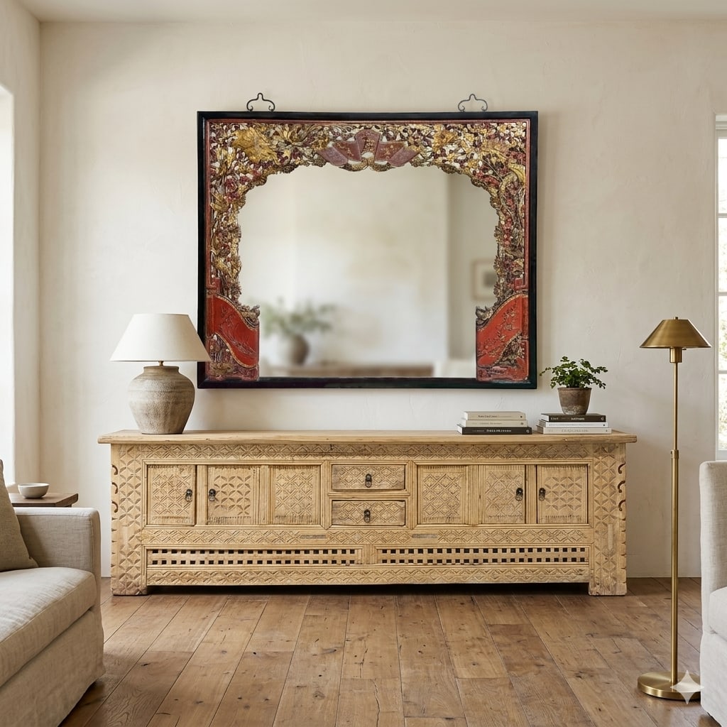 85" X 71" Chinese Red Golden Relief Carving Wood Frame Wall Mirror - 13