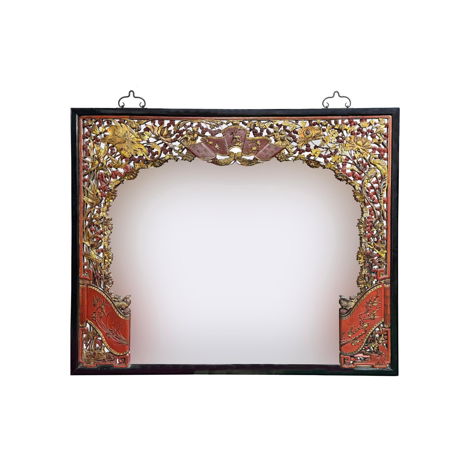 85" X 71" Chinese Red Golden Relief Carving Wood Frame Wall Mirror - 15