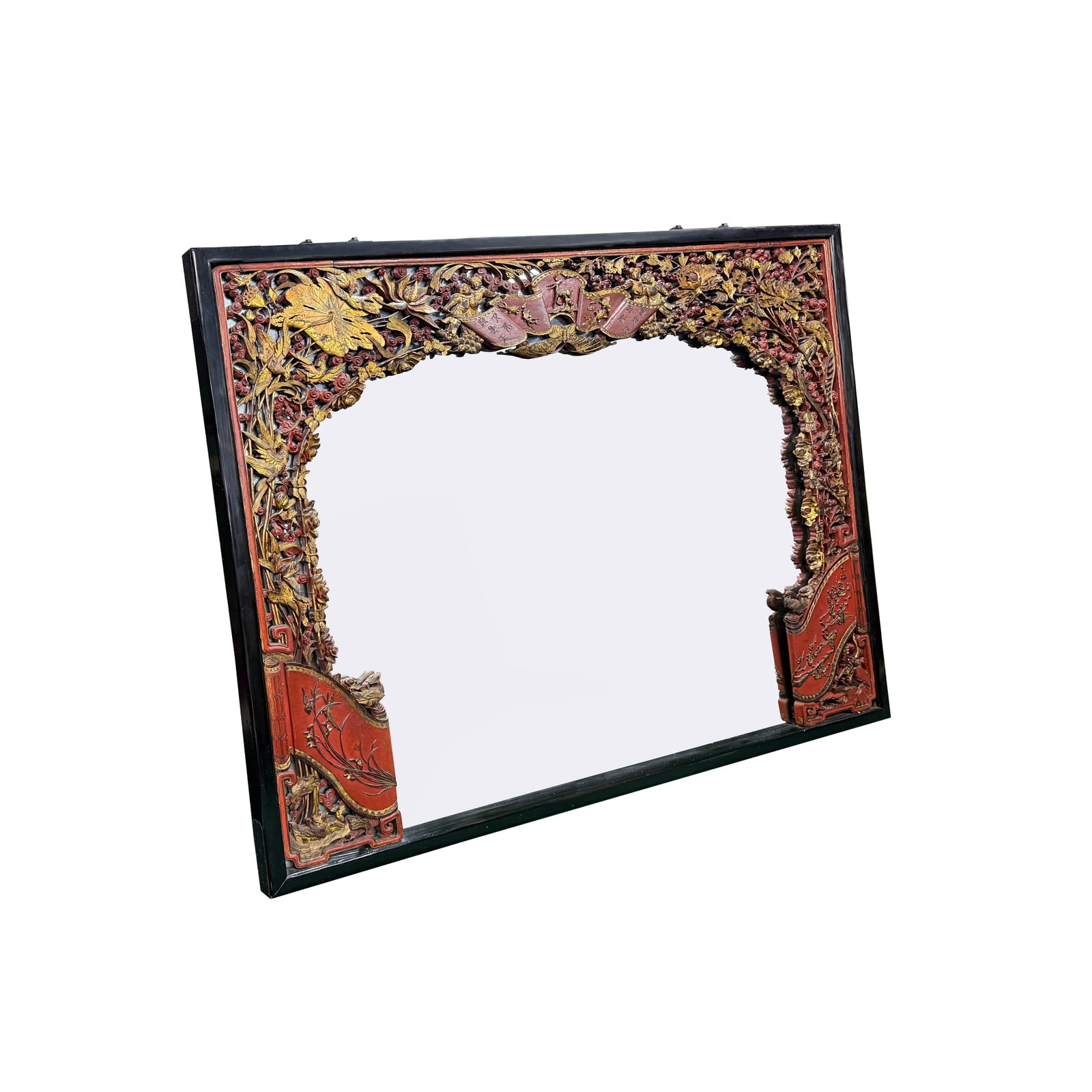 85" X 71" Chinese Red Golden Relief Carving Wood Frame Wall Mirror - 16