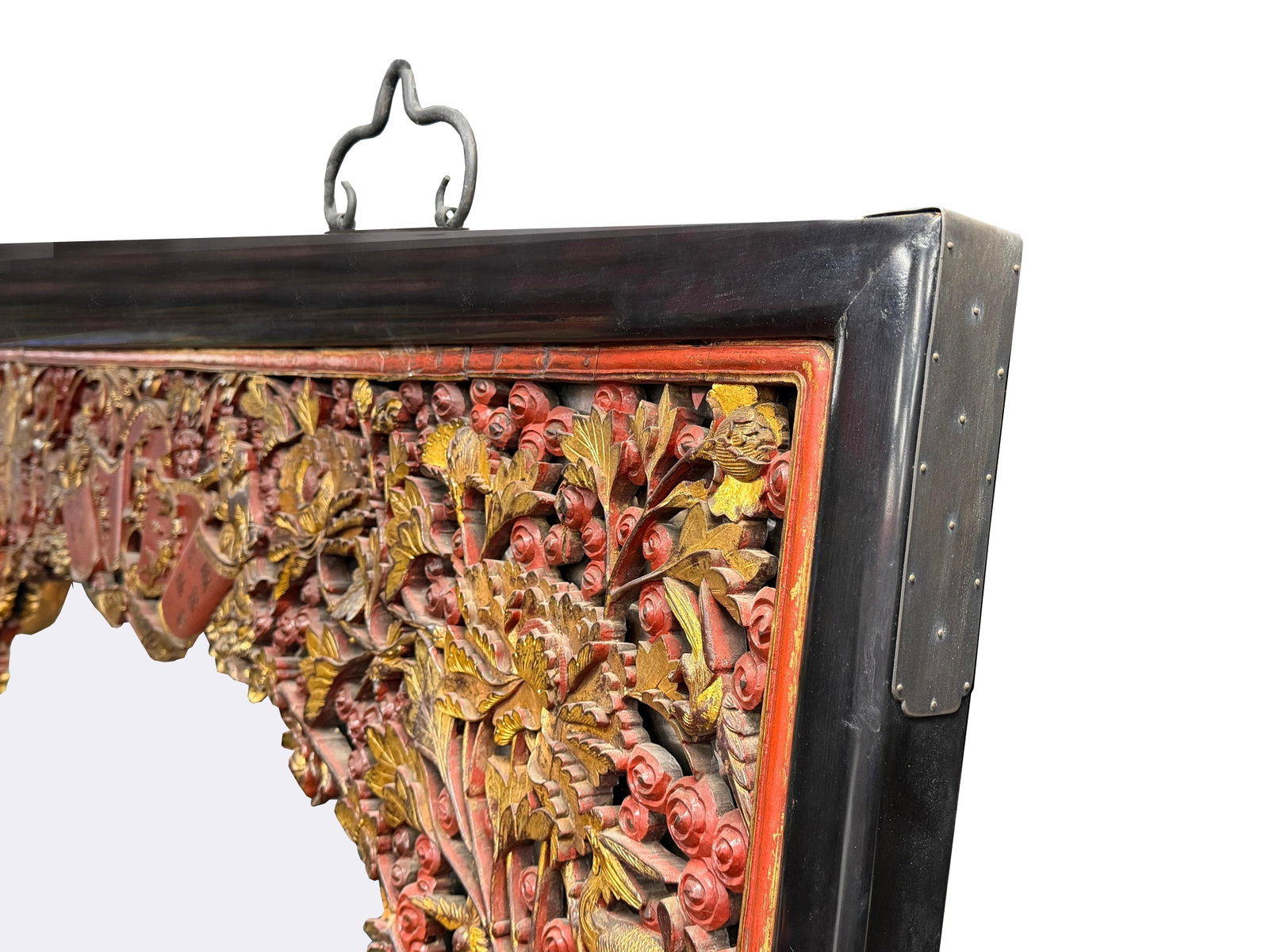 85" X 71" Chinese Red Golden Relief Carving Wood Frame Wall Mirror - 17