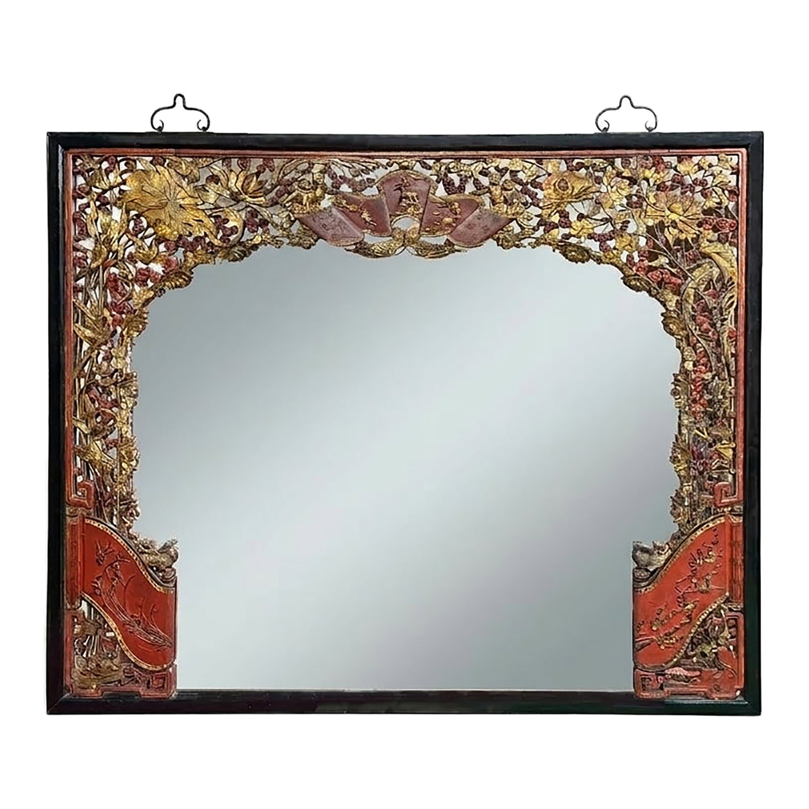 85" X 71" Chinese Red Golden Relief Carving Wood Frame Wall Mirror (1 of 17)