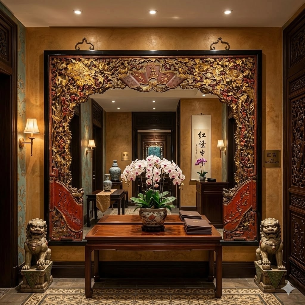 85" X 71" Chinese Red Golden Relief Carving Wood Frame Wall Mirror - 2