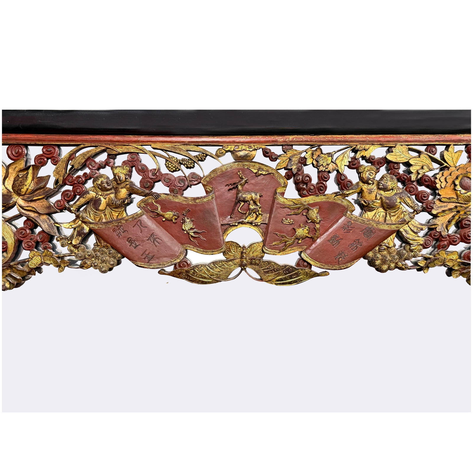 85" X 71" Chinese Red Golden Relief Carving Wood Frame Wall Mirror - 3