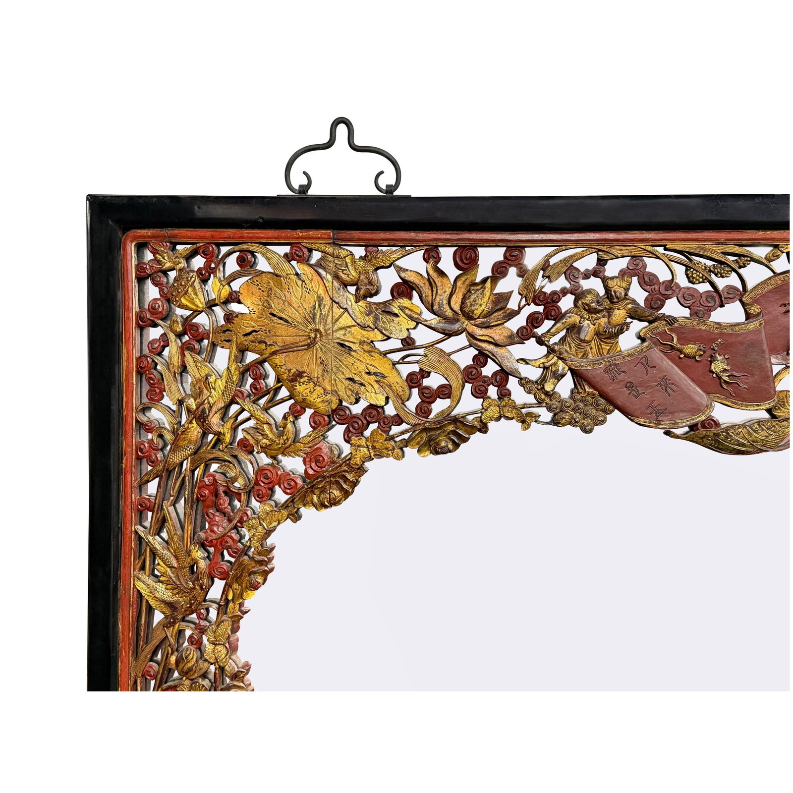 85" X 71" Chinese Red Golden Relief Carving Wood Frame Wall Mirror - 4