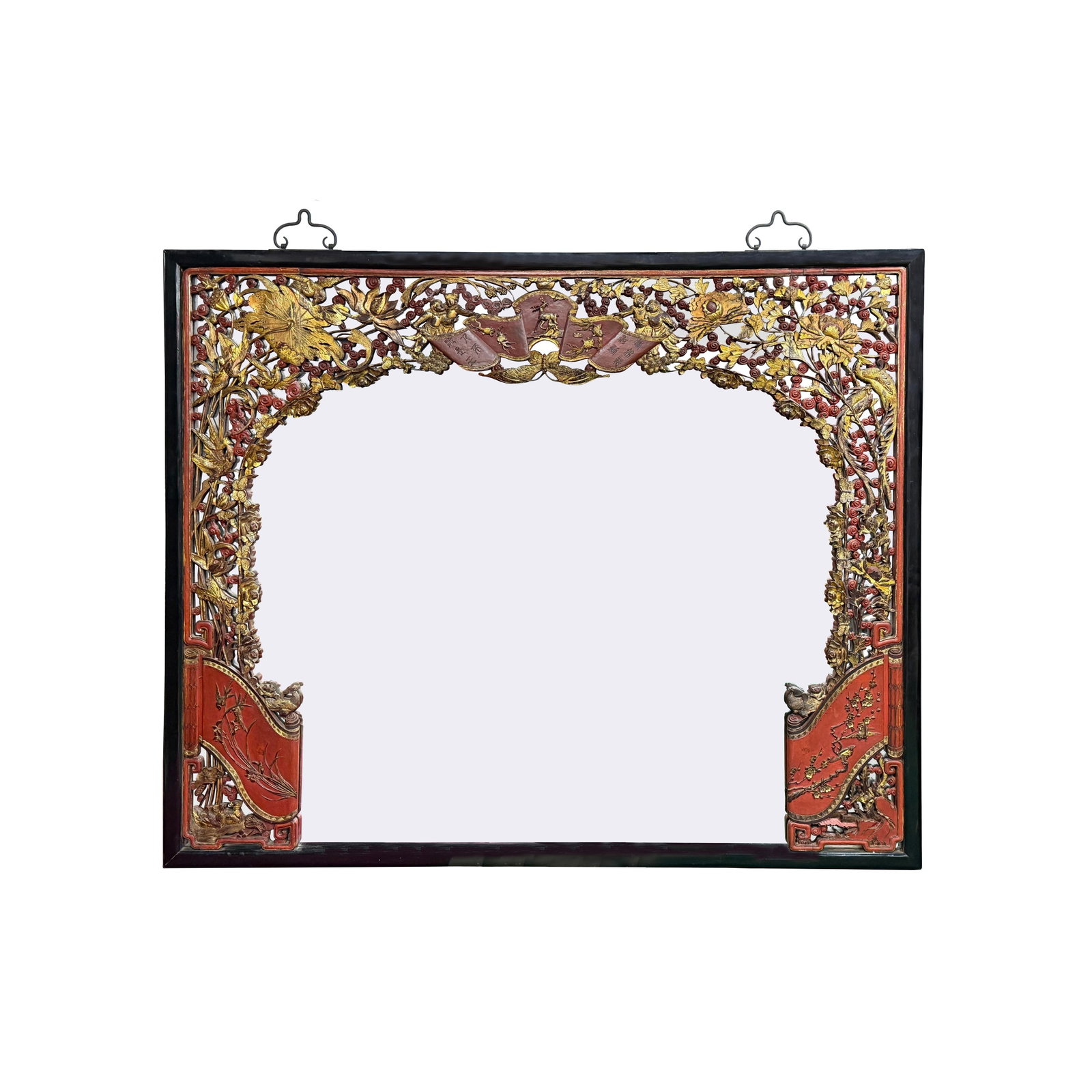 85" X 71" Chinese Red Golden Relief Carving Wood Frame Wall Mirror - 5