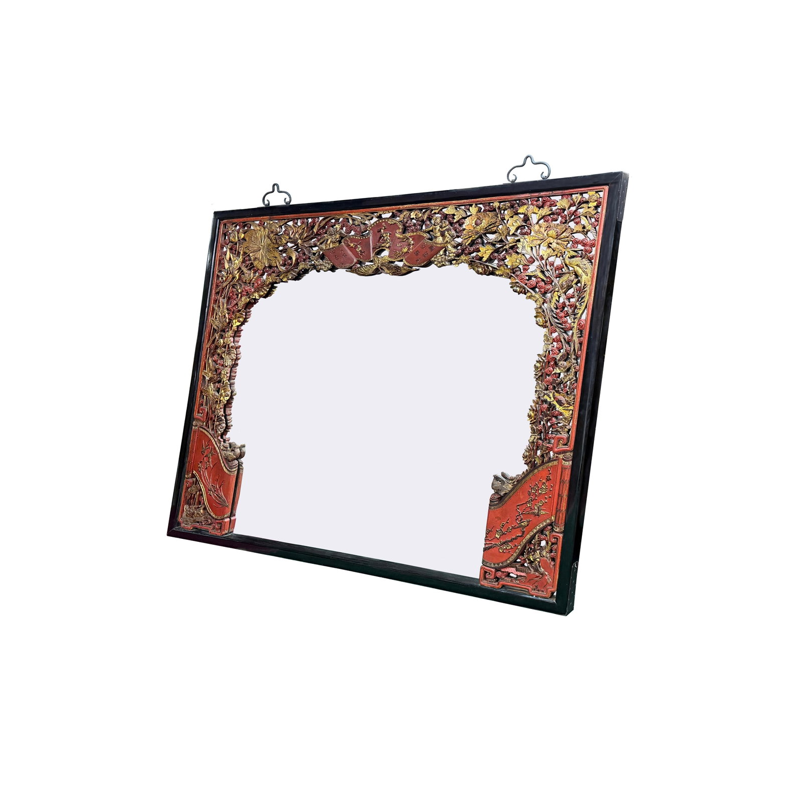 85" X 71" Chinese Red Golden Relief Carving Wood Frame Wall Mirror - 7