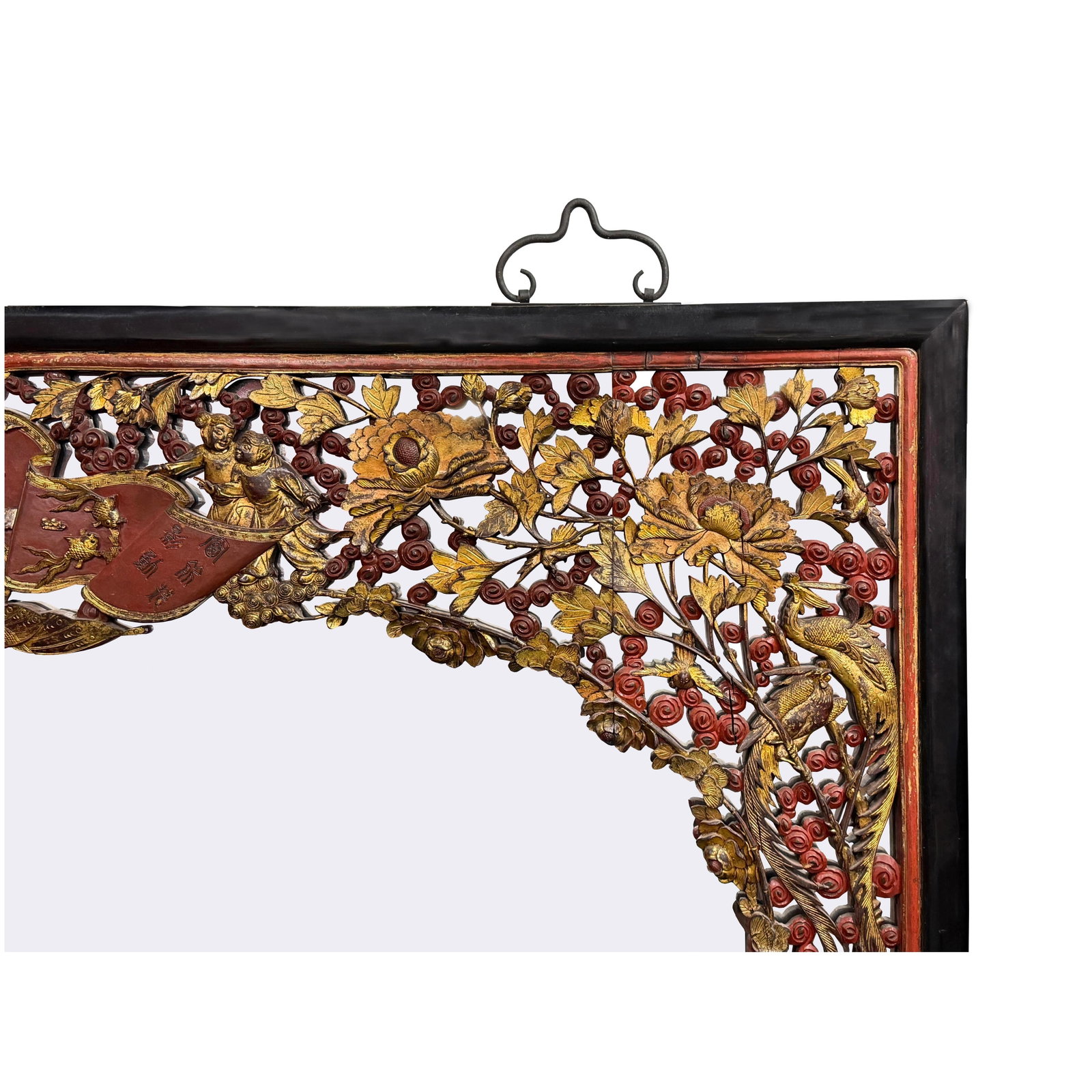 85" X 71" Chinese Red Golden Relief Carving Wood Frame Wall Mirror - 8
