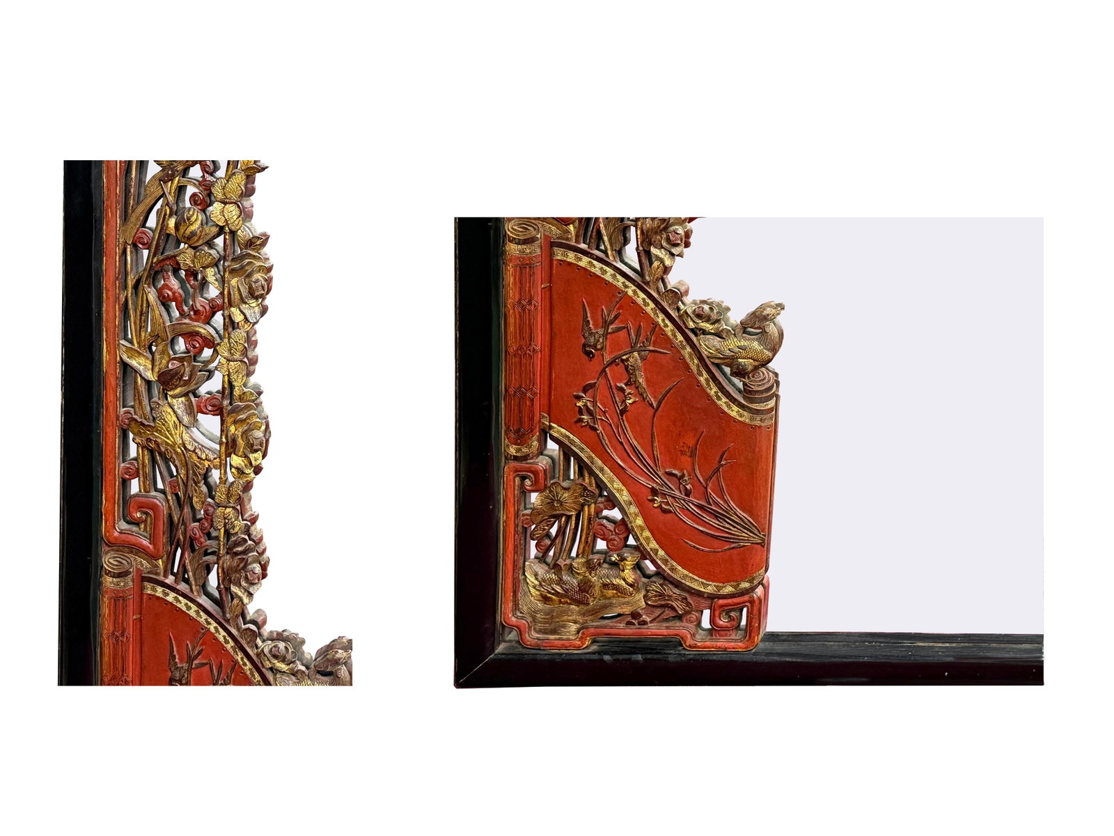 85" X 71" Chinese Red Golden Relief Carving Wood Frame Wall Mirror - 9