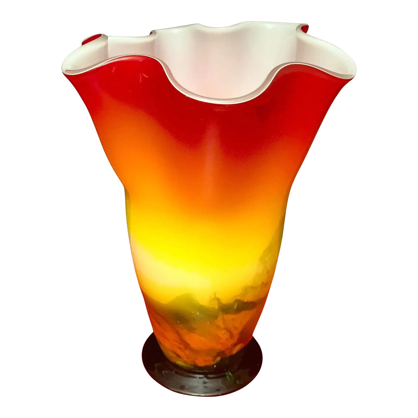 Murano Sunburst of Colors Art Glass Fazzoletto Vase: This 11"‘inch hand"‘blown Murano fazzoletto vase has a tall, tapering profile that rises smoothly before opening into a broad, undulating rim. The rim forms gentle peaks and dips, each