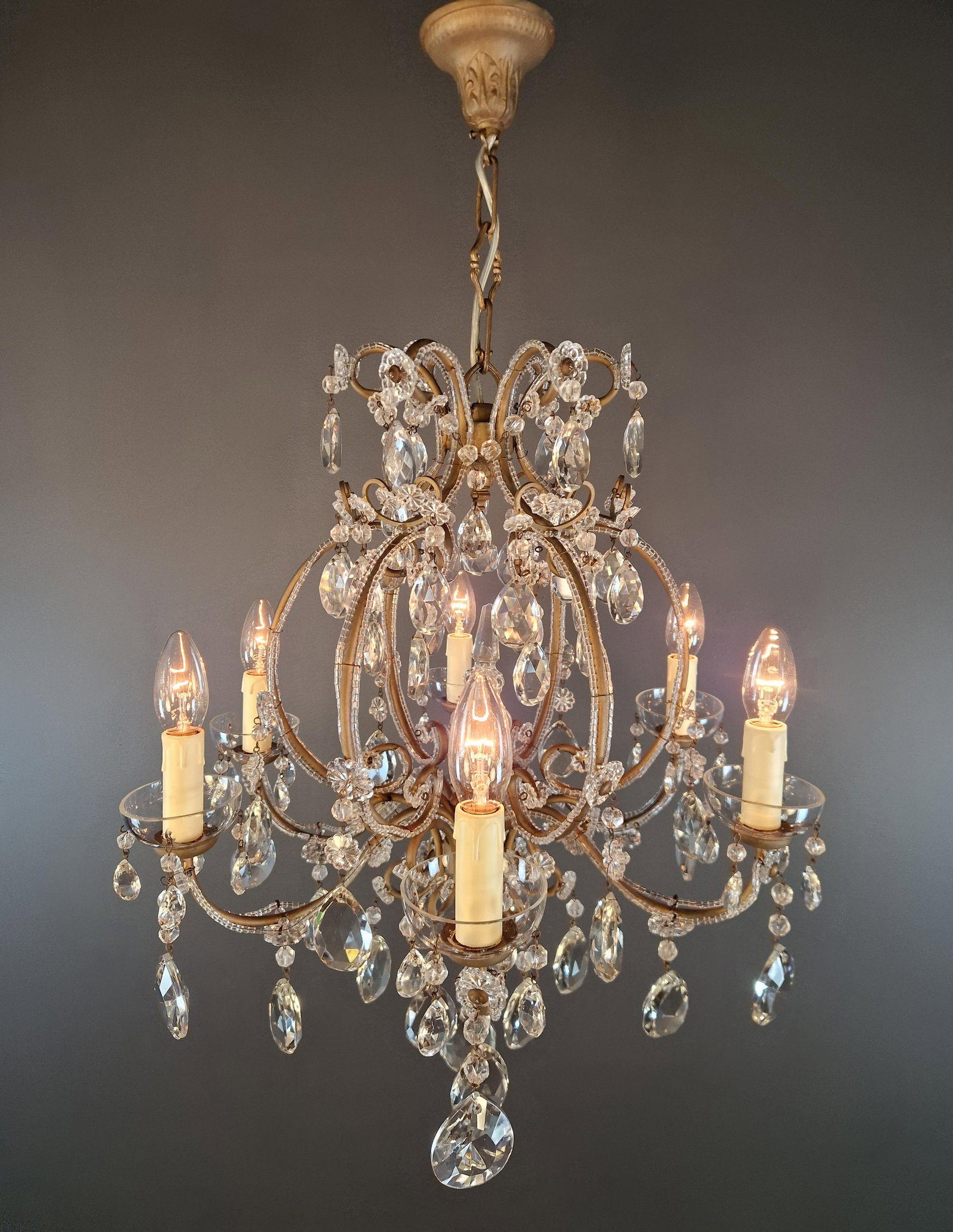 Antique French Louis XVI Style Chandelier Restored Crystal Drops Brass - 12