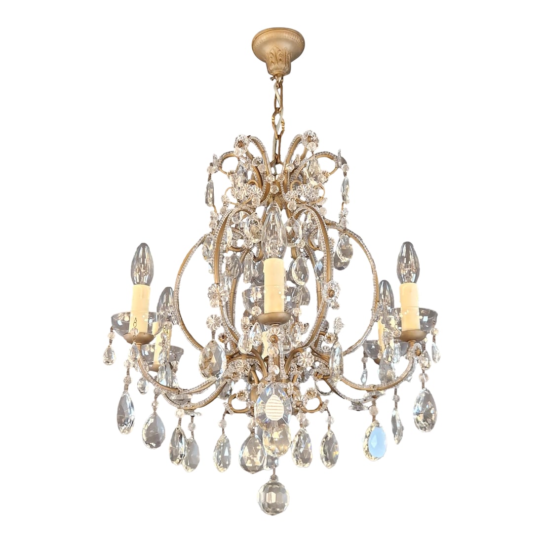 Antique French Louis XVI Style Chandelier Restored Crystal Drops Brass: This elegant chandelier in the French Louis XVI style has been fully restored and combines classical aesthetics with modern functionality. The frame is made of brass and features a warm tone with