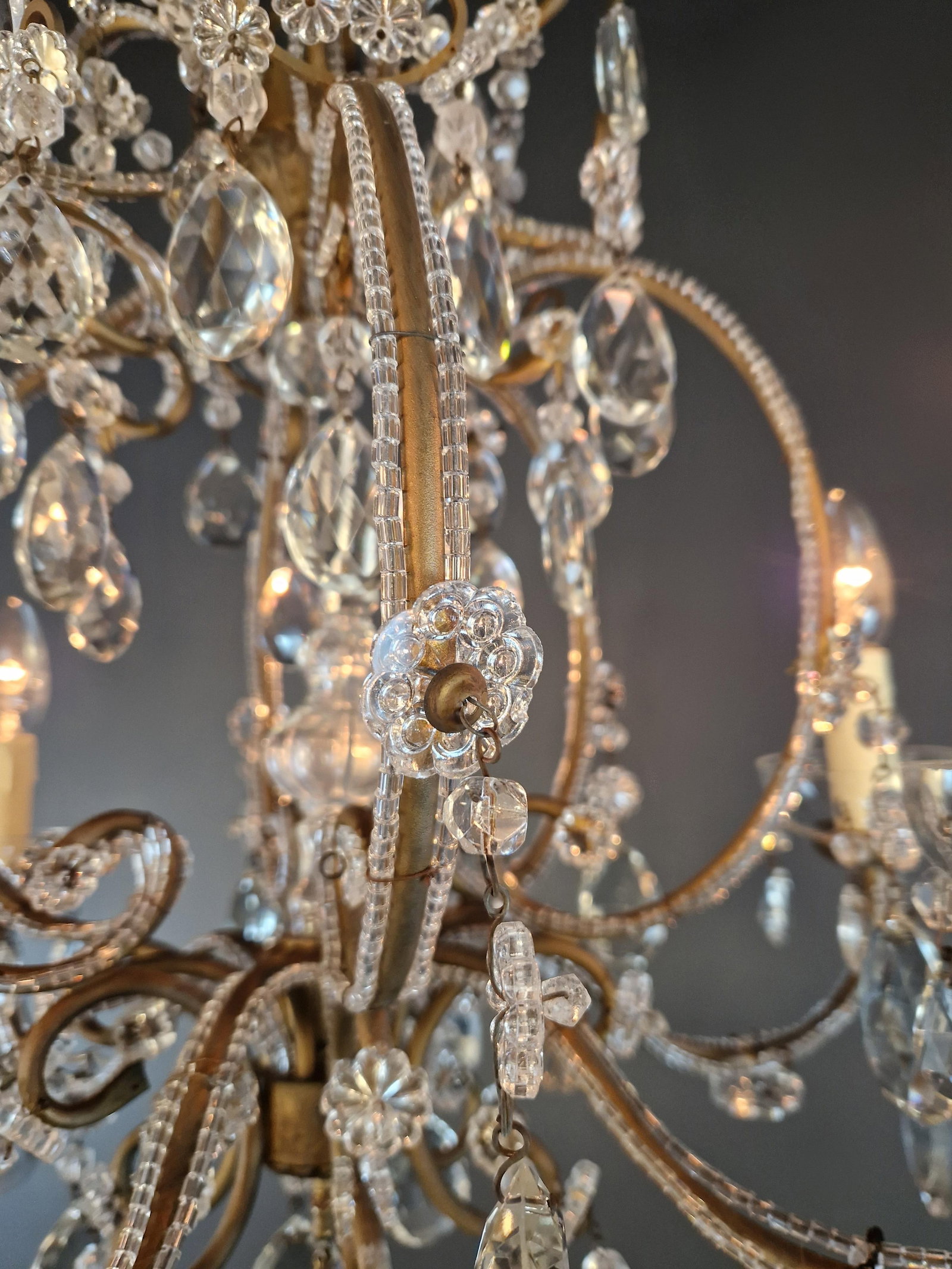 Antique French Louis XVI Style Chandelier Restored Crystal Drops Brass - 8