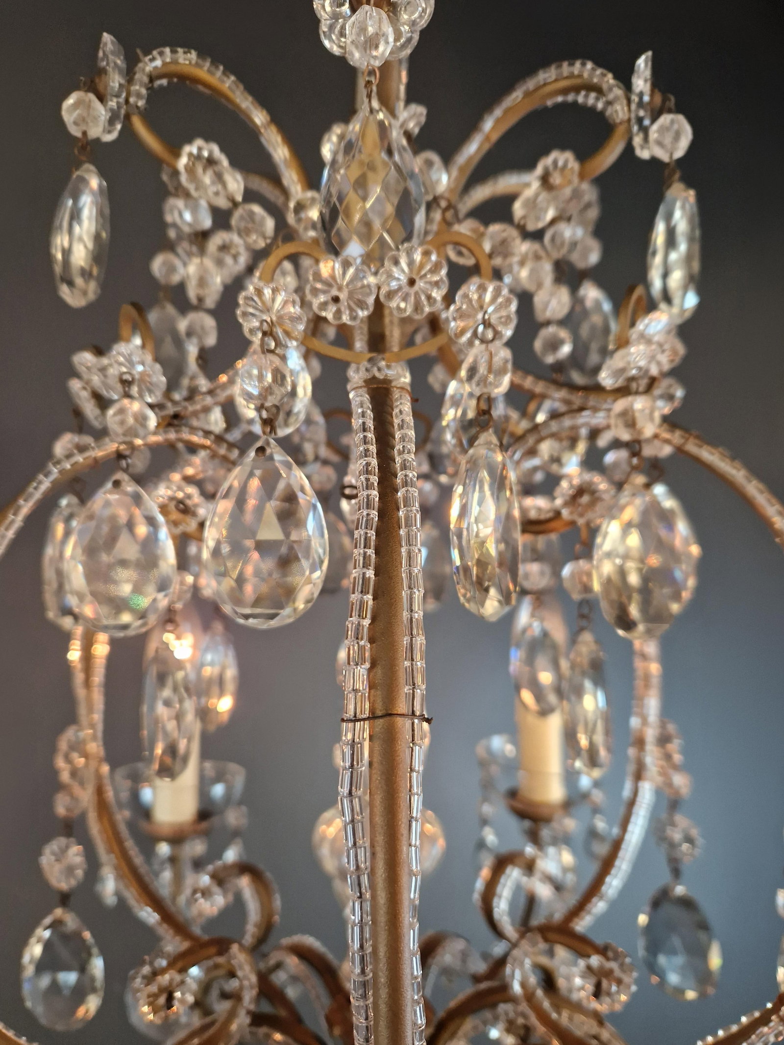 Antique French Louis XVI Style Chandelier Restored Crystal Drops Brass - 9
