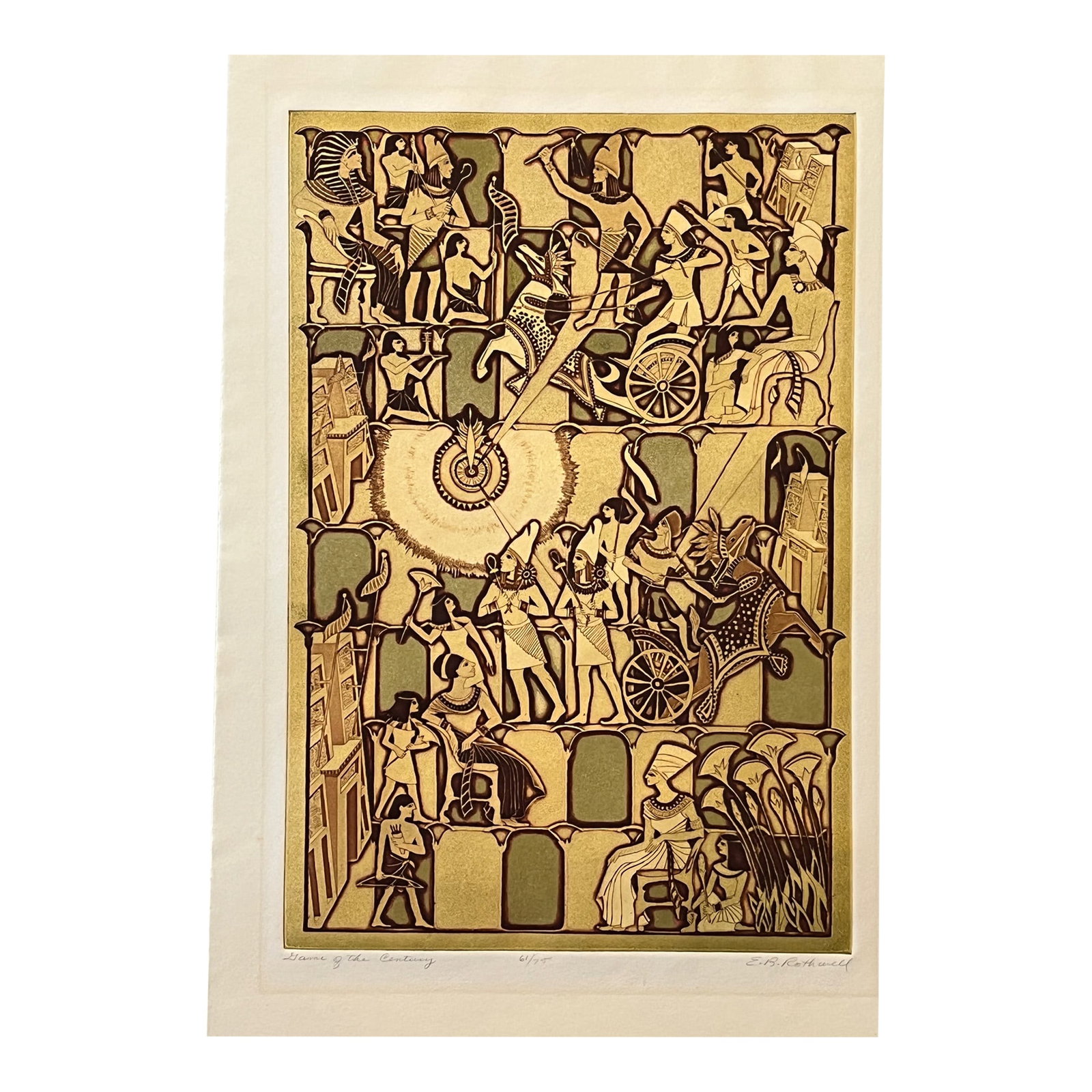 1950s E.B. Rothwell "Game of the Century" Signed Etching 61/75 Bobby Fischer Chess: This is a rare and captivating original etching by artist E.B. Rothwell, titled "Game of the Century." The piece serves as a sophisticated artistic homage to the legendary 1956 chess match between a