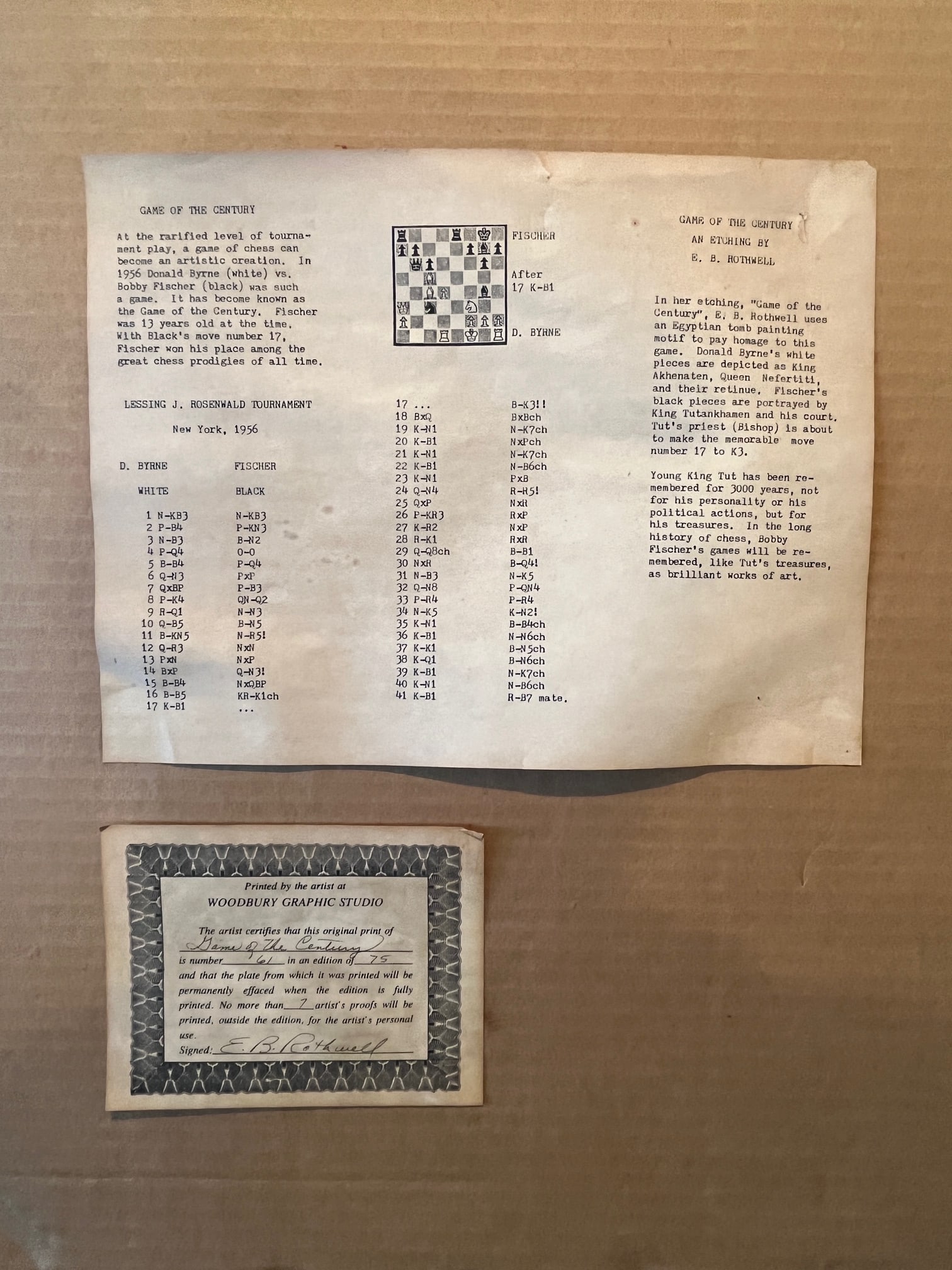 1950s E.B. Rothwell "Game of the Century" Signed Etching 61/75 Bobby Fischer Chess - 3
