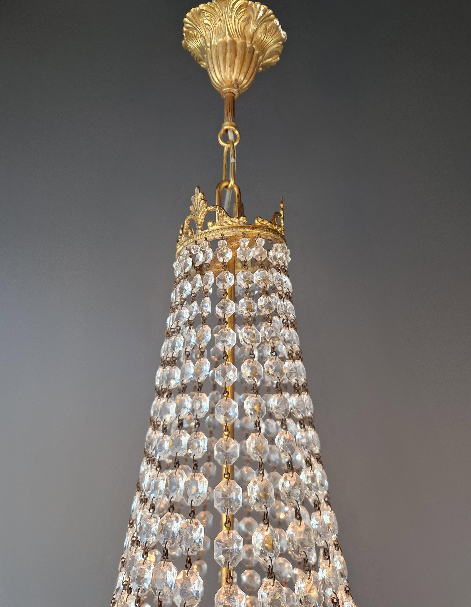 Antique Art Nouveau Low Oval Plafonnier Crystal Chandelier Brass Lustre Ceiling - 10