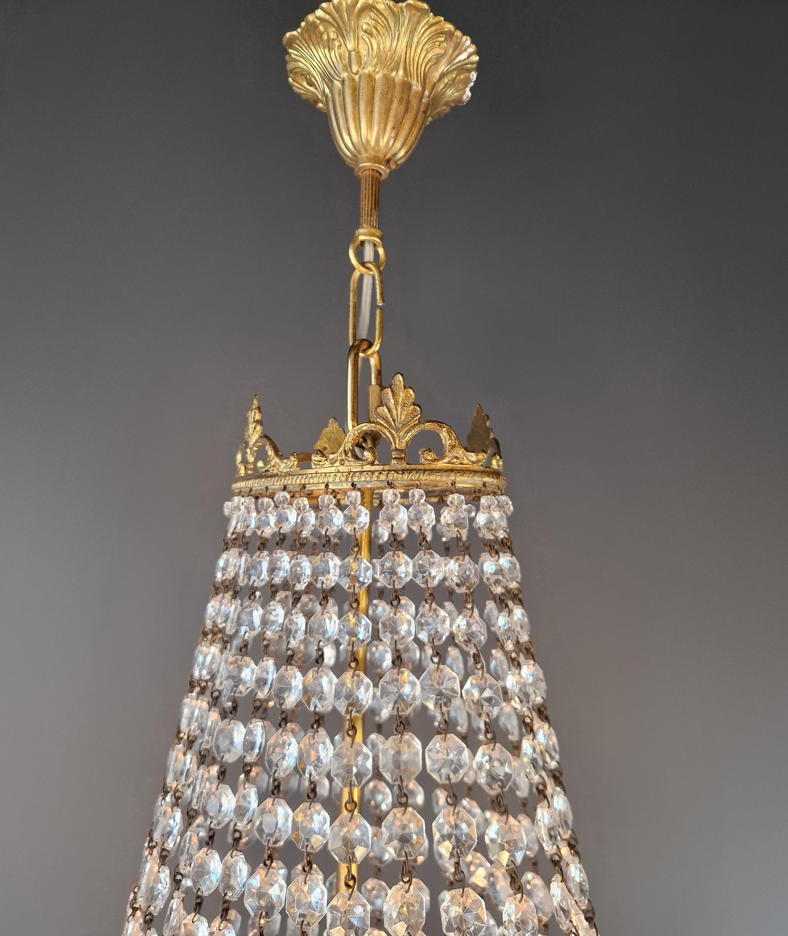 Antique Art Nouveau Low Oval Plafonnier Crystal Chandelier Brass Lustre Ceiling - 11