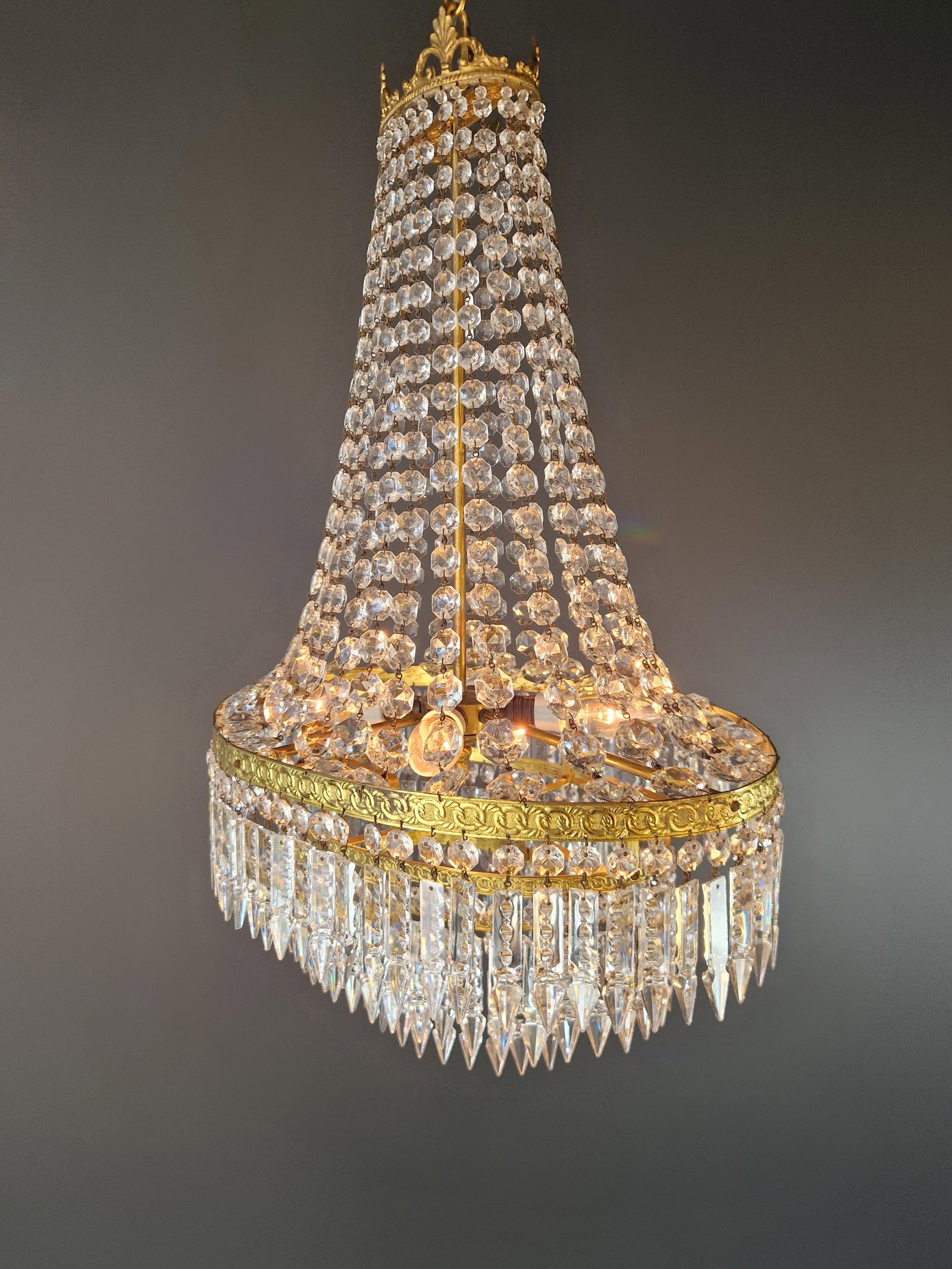 Antique Art Nouveau Low Oval Plafonnier Crystal Chandelier Brass Lustre Ceiling - 12