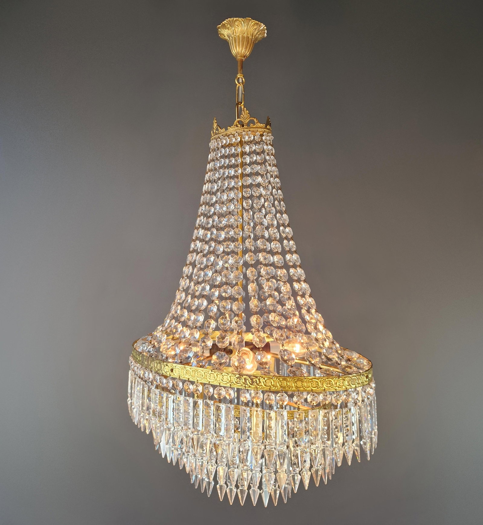 Antique Art Nouveau Low Oval Plafonnier Crystal Chandelier Brass Lustre Ceiling - 13