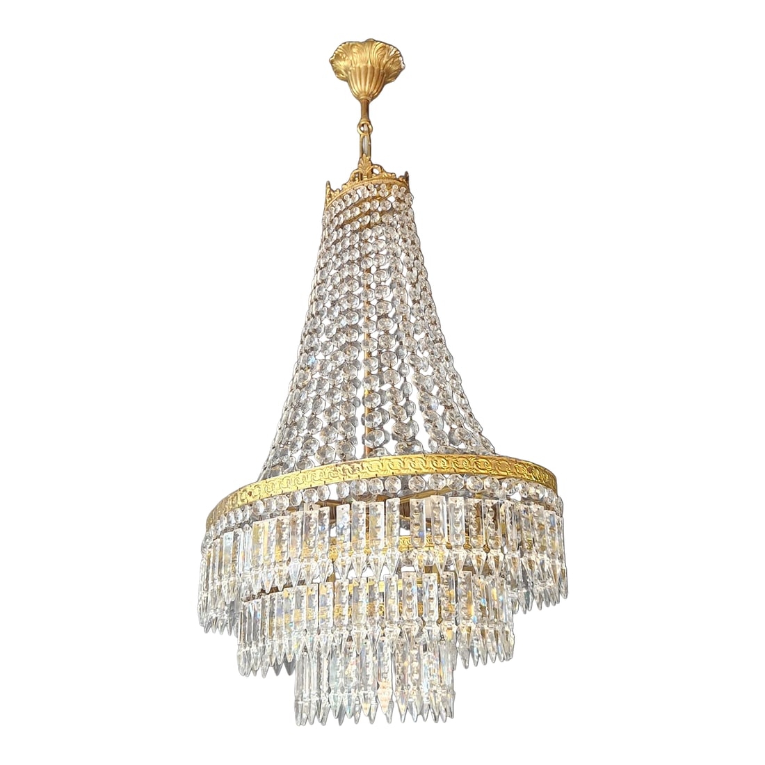 Antique Art Nouveau Low Oval Plafonnier Crystal Chandelier Brass Lustre Ceiling (1 of 13)