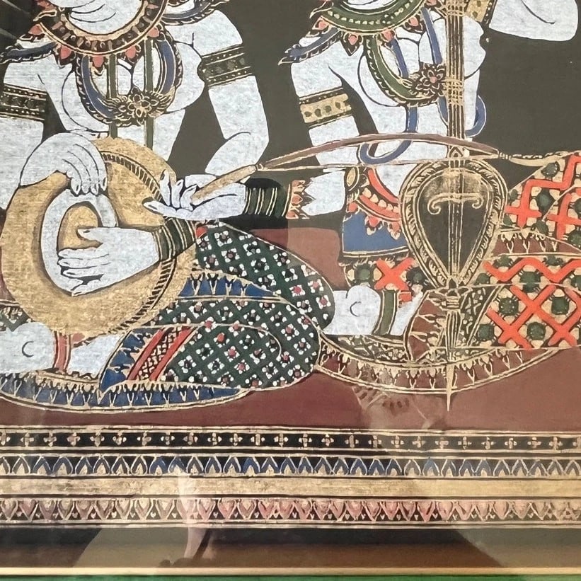 Vintage Thai Silk Painting Framed Musicians Playing Saw Sam Sai & Gong Wong 16" - 3
