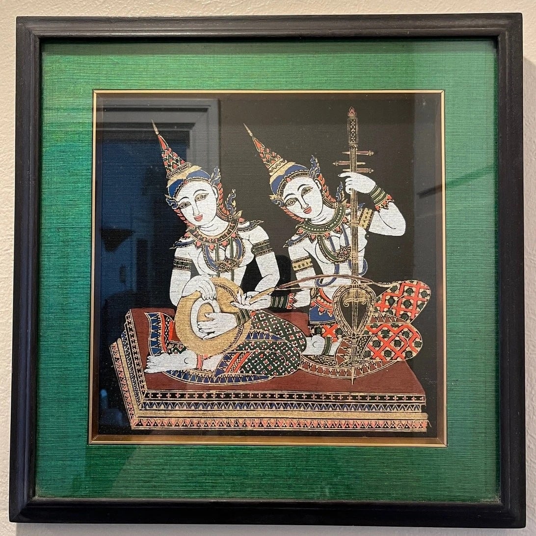 Vintage Thai Silk Painting Framed Musicians Playing Saw Sam Sai & Gong Wong 16" - 6
