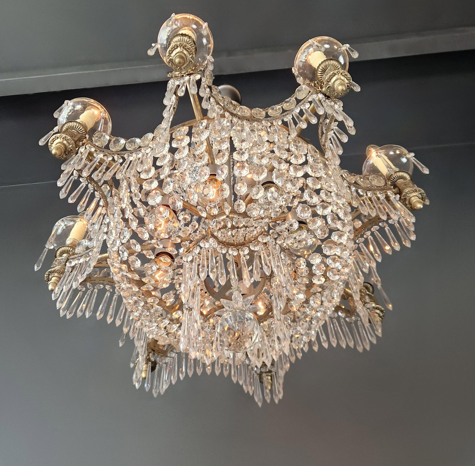 1930s Art Deco Crystal Chandelier Silver Serpentine Form Restored Antique Brass - 11