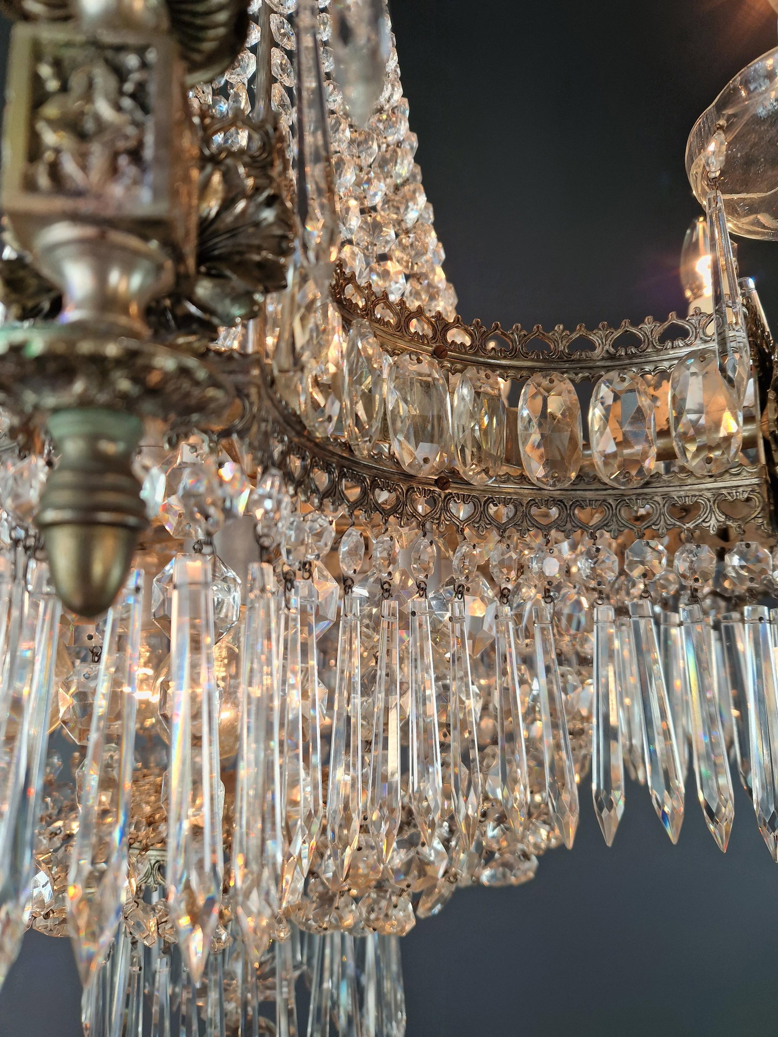1930s Art Deco Crystal Chandelier Silver Serpentine Form Restored Antique Brass - 12