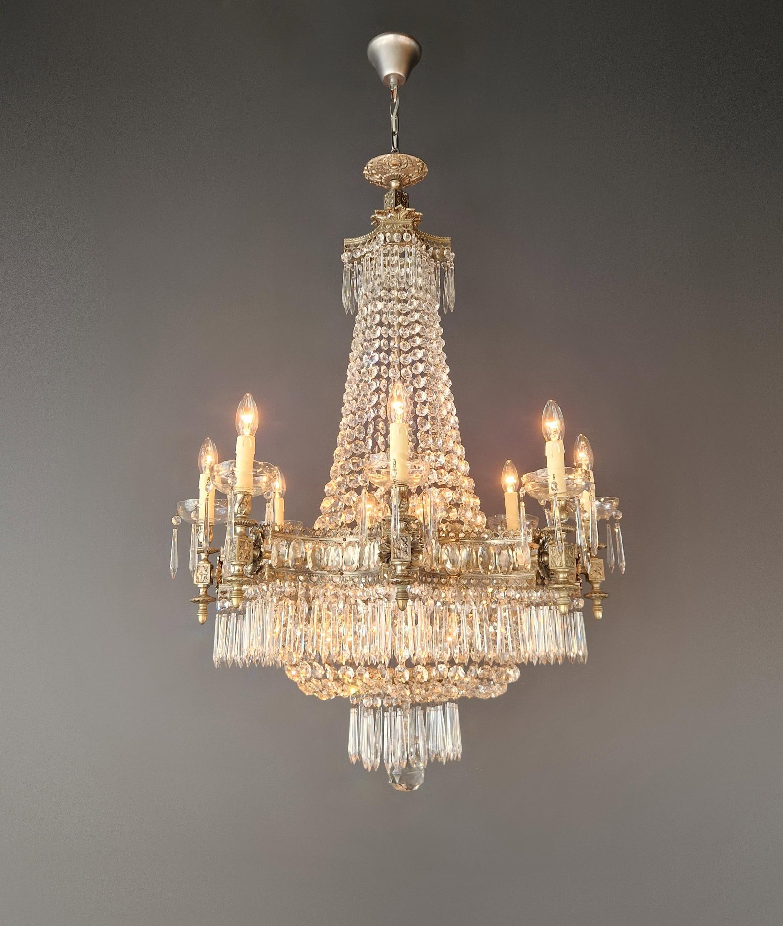 1930s Art Deco Crystal Chandelier Silver Serpentine Form Restored Antique Brass - 16