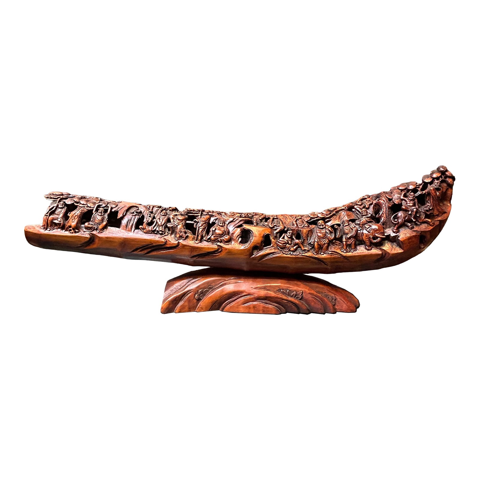 Vintage Bamboo Curved Boat Depicting the 18 Lohan Arhats Art Figure: This exquisite hand-carved bamboo root sculpture depicts a lively assembly of the Eighteen Arhats (Luohan) traversing a mountainous landscape. Utilizing the natural, curved form of a large bamboo