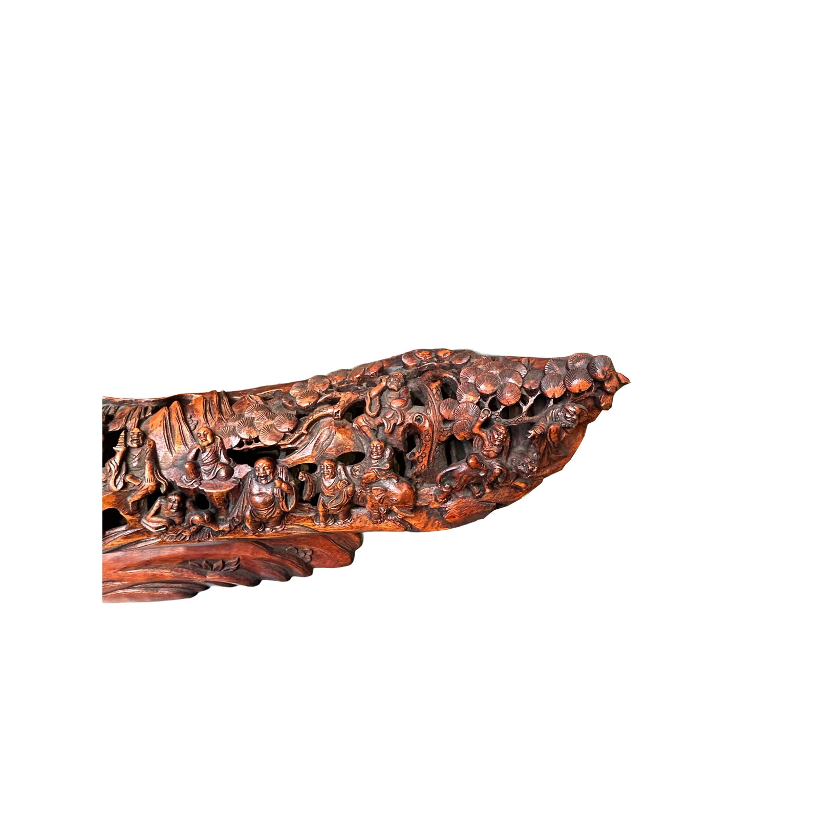 Vintage Bamboo Curved Boat Depicting the 18 Lohan Arhats Art Figure - 4
