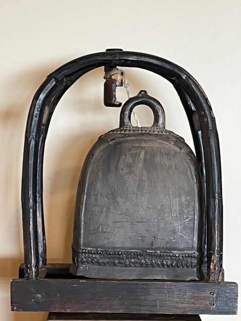 Large Antique Thai Karen Hill Tribe Bronze Elephant Bell & 16" Bentwood Frame - 3