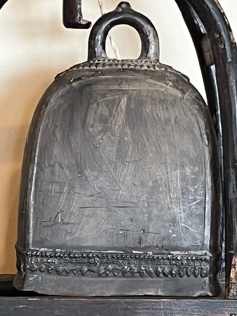 Large Antique Thai Karen Hill Tribe Bronze Elephant Bell & 16" Bentwood Frame - 6