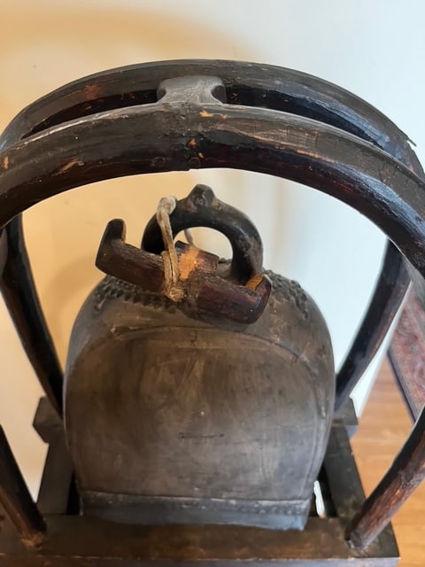 Large Antique Thai Karen Hill Tribe Bronze Elephant Bell & 16" Bentwood Frame - 8