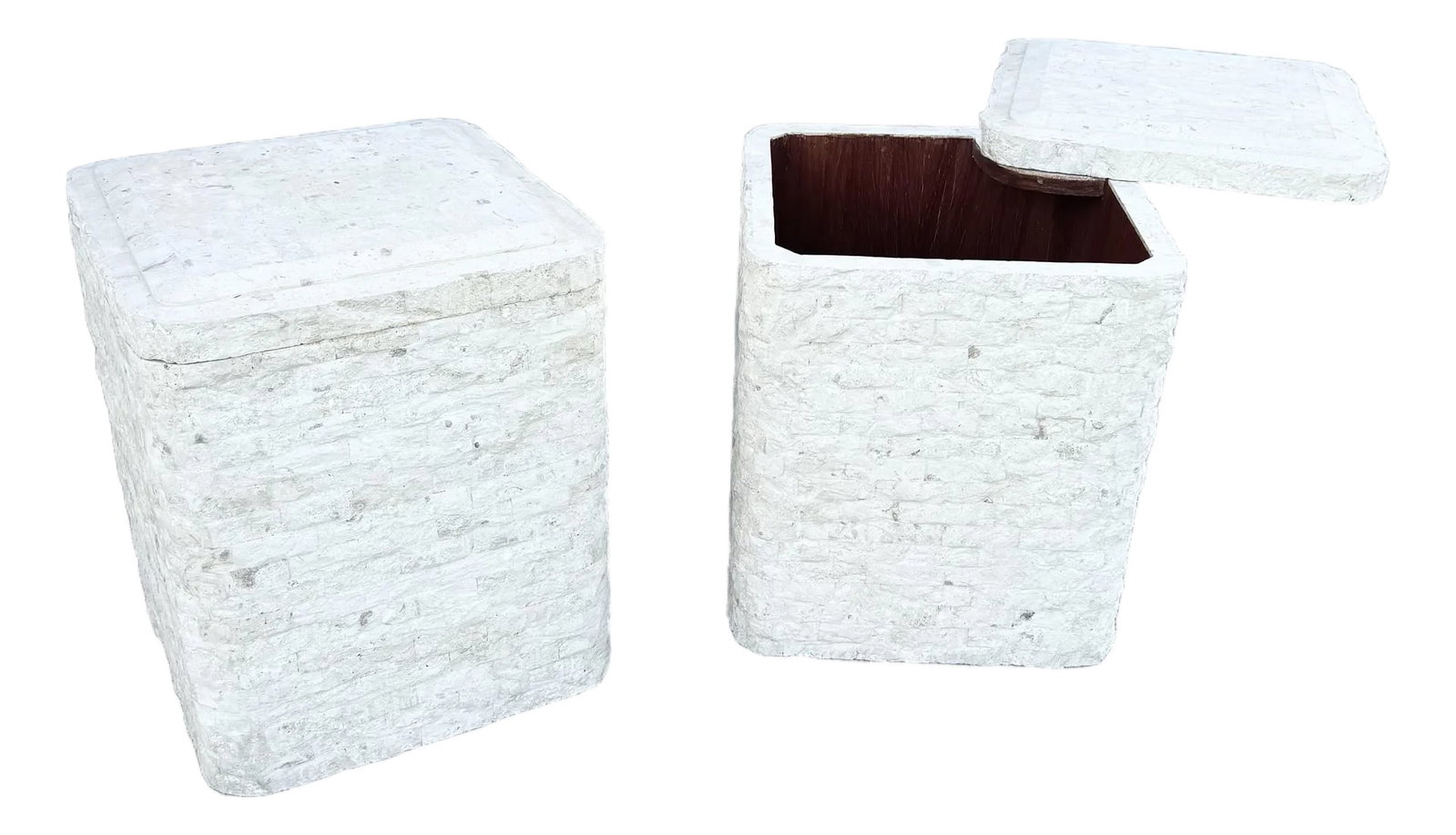 Postmodern Tessellated Stone Swivel Top Side Table With Storage - A Pair: Interior space: 14"w, 14"h Sculptural postmodern side tables crafted in tessellated stone with a softly textured, ivory-toned. Each cube form features a swiveling top that opens to reveal hidden