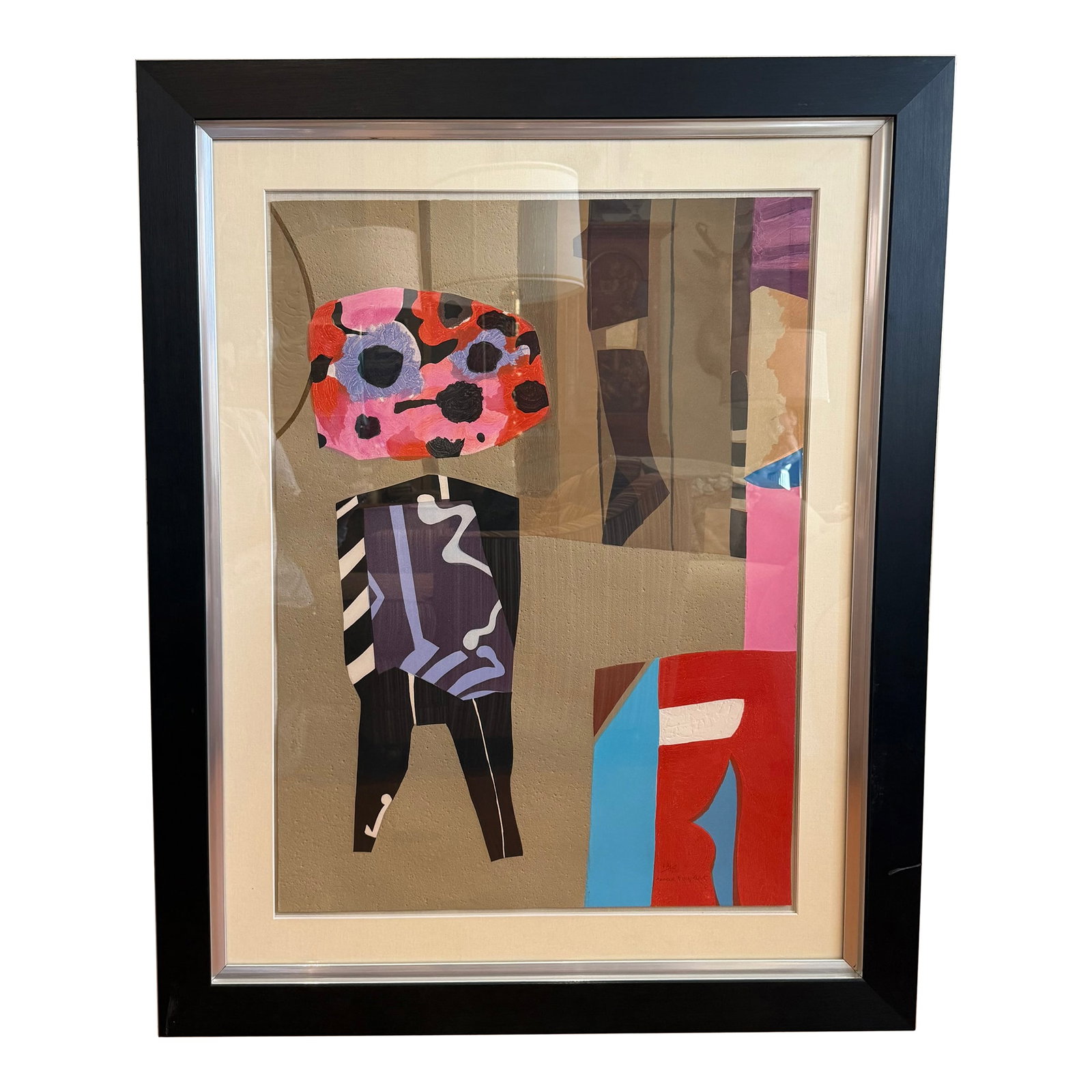 1970s Limited Edition French Painting "Mister K": This is a limited edition french painting by Max Papart (1911-1994). It is an aquatint with carborundum print and a mixed media abstract piece. With wonderful bright colors (pink, red, cream, blues) a