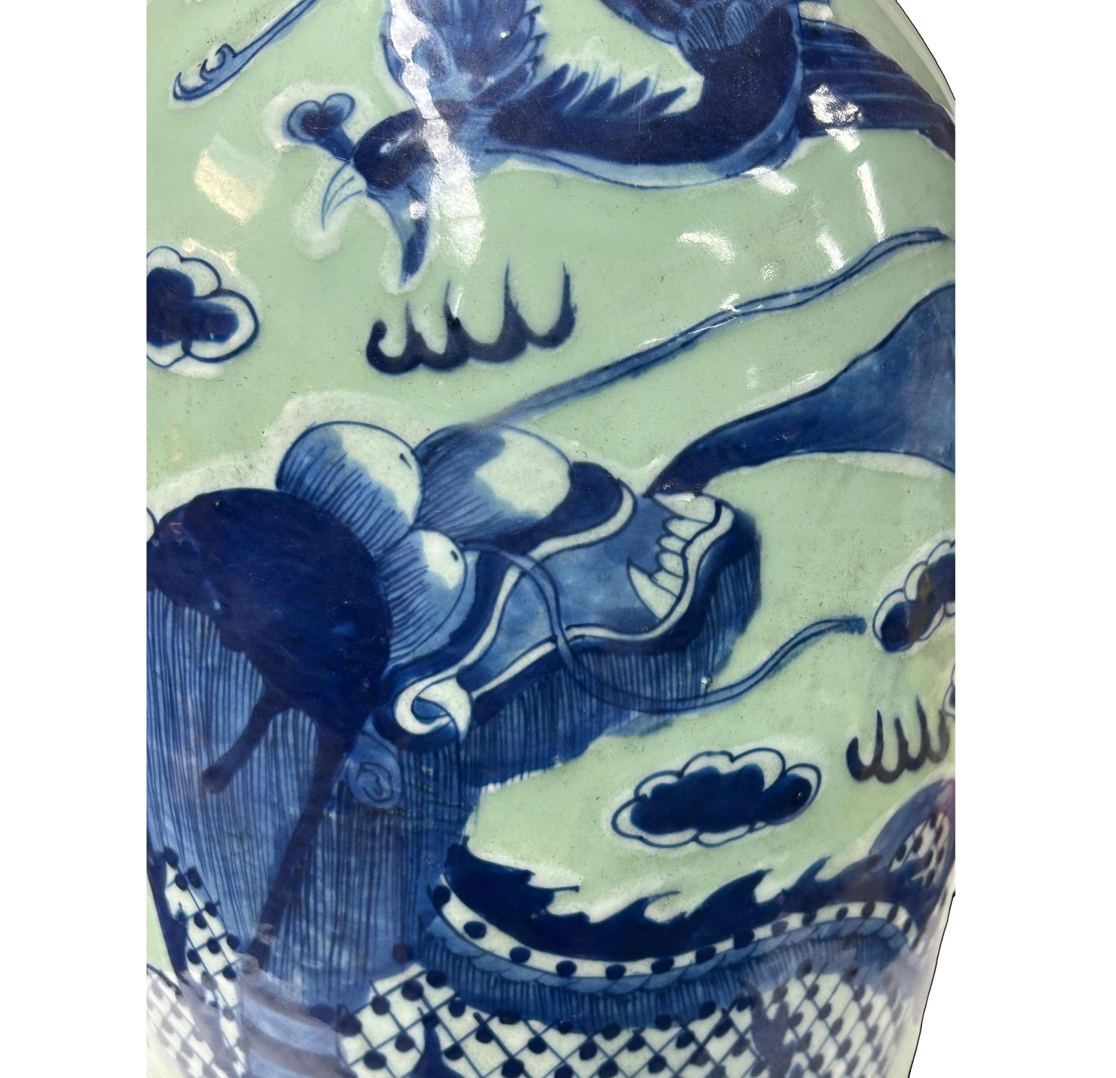 Pair Chinese Light Celadon Blue Kirin Graphic Tall Porcelain Art Vases - 10