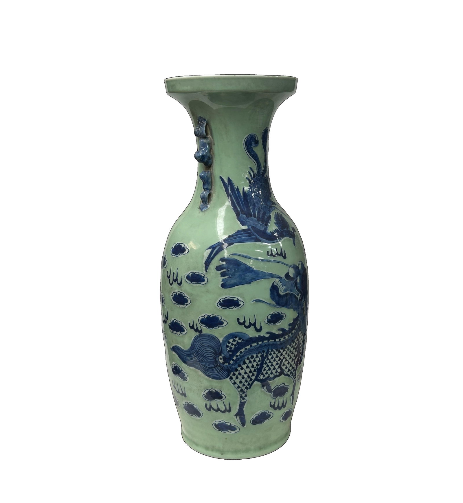 Pair Chinese Light Celadon Blue Kirin Graphic Tall Porcelain Art Vases - 13