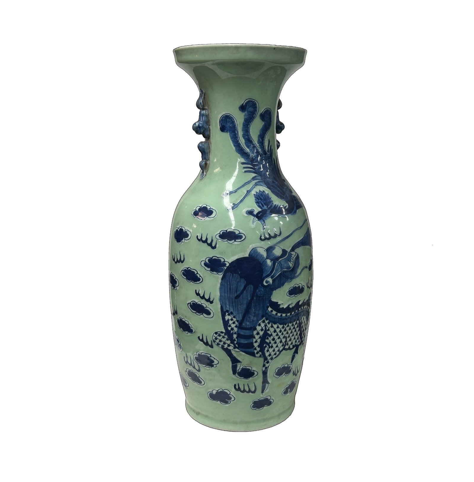Pair Chinese Light Celadon Blue Kirin Graphic Tall Porcelain Art Vases - 15