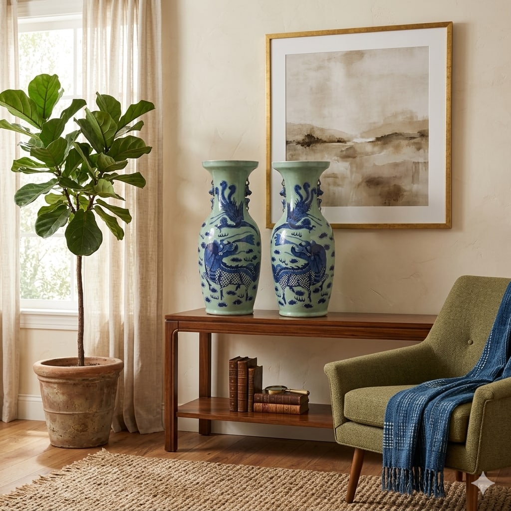 Pair Chinese Light Celadon Blue Kirin Graphic Tall Porcelain Art Vases - 18
