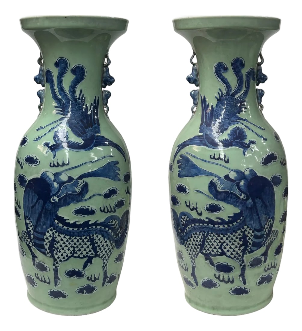 Pair Chinese Light Celadon Blue Kirin Graphic Tall Porcelain Art Vases (1 of 18)