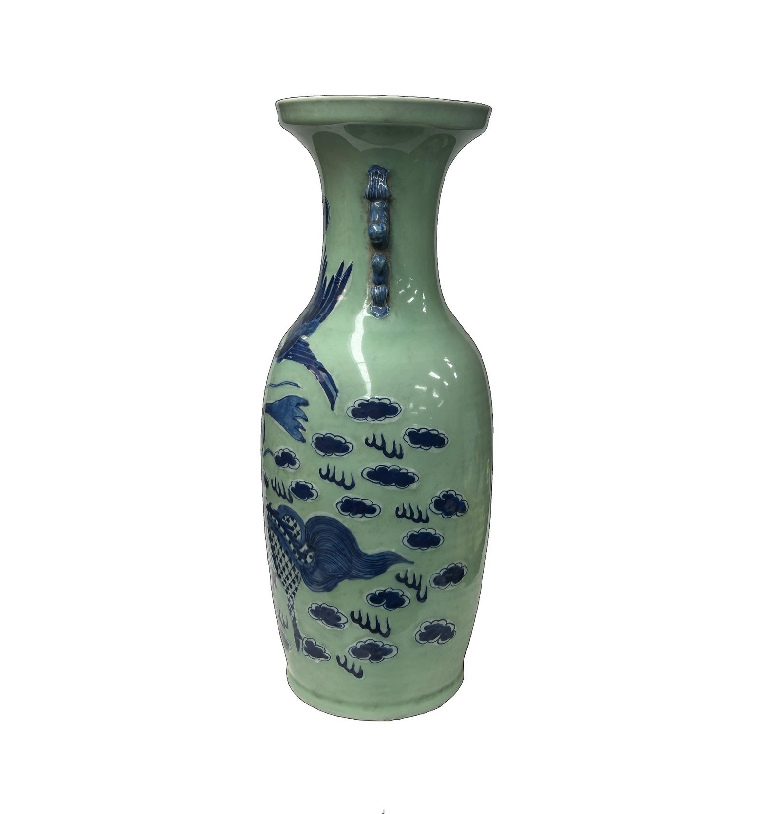 Pair Chinese Light Celadon Blue Kirin Graphic Tall Porcelain Art Vases - 2