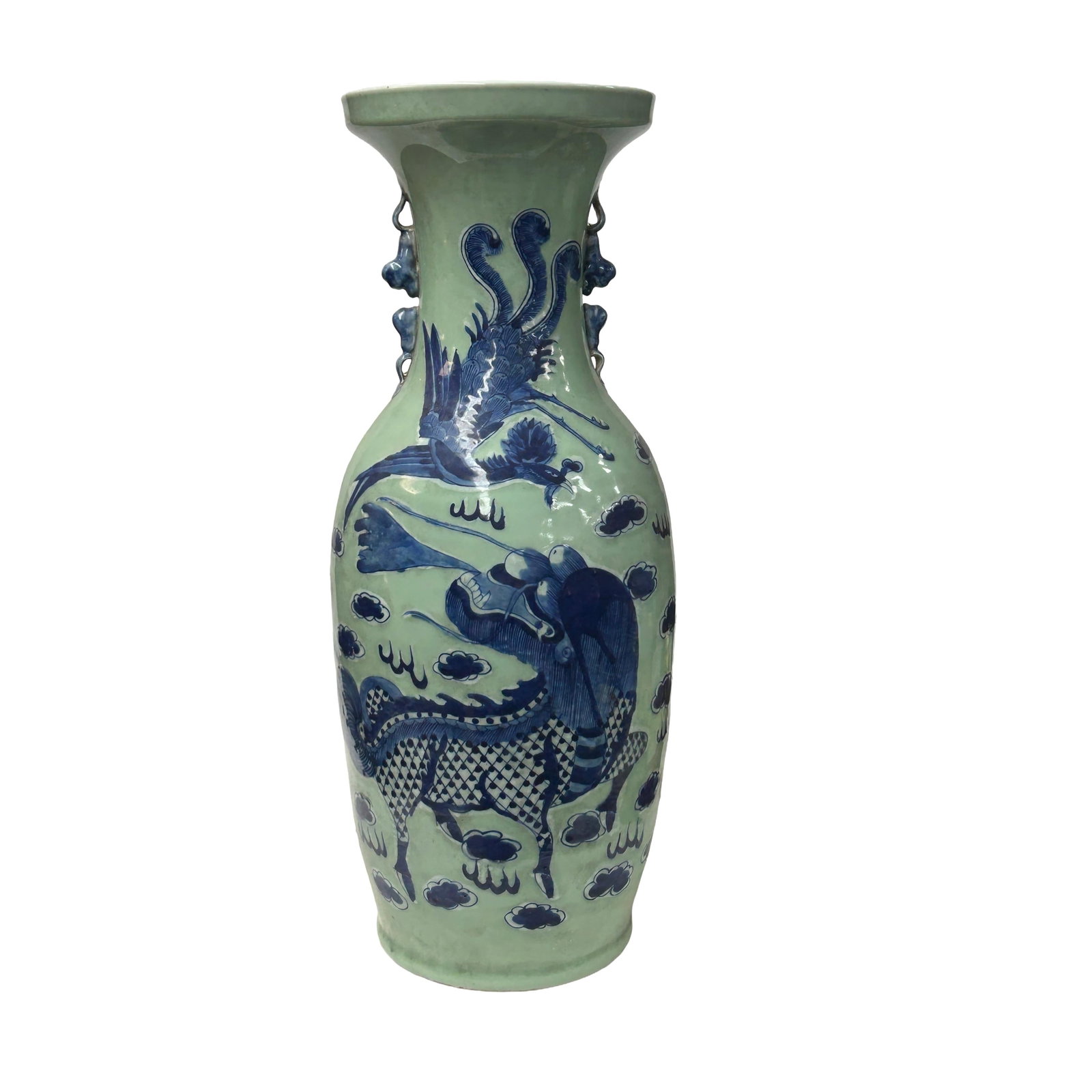 Pair Chinese Light Celadon Blue Kirin Graphic Tall Porcelain Art Vases - 3