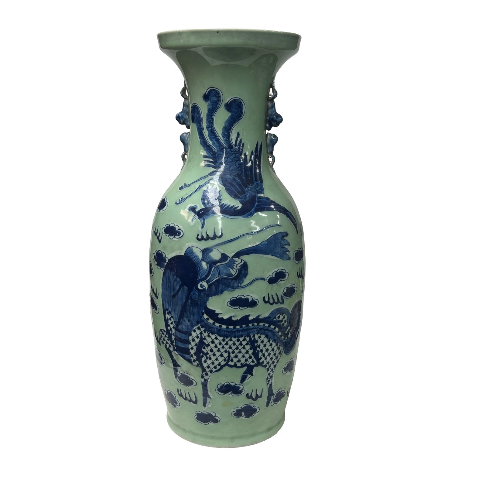 Pair Chinese Light Celadon Blue Kirin Graphic Tall Porcelain Art Vases - 5